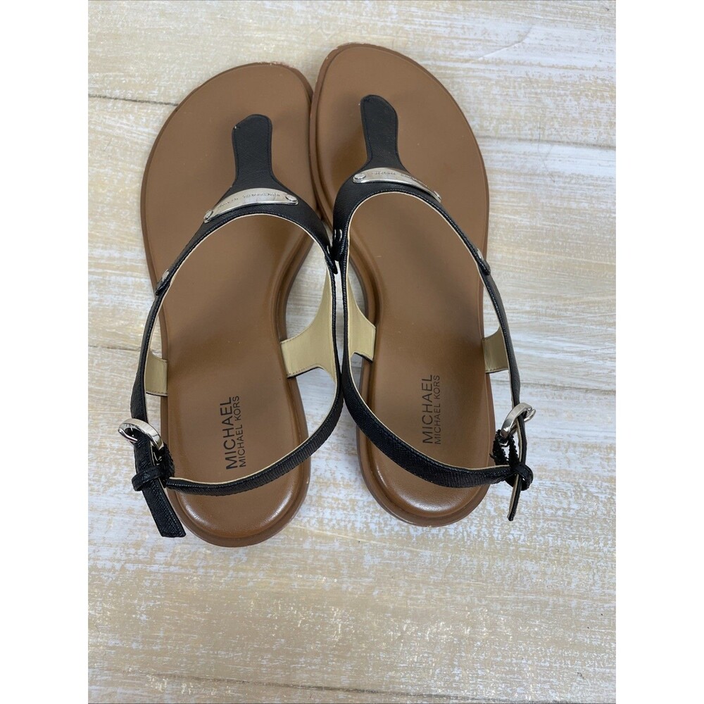 Michael Kors MK Plate Silver Logo Women's Black Leather Sandals Sz 9M - Picture 4 of 10
